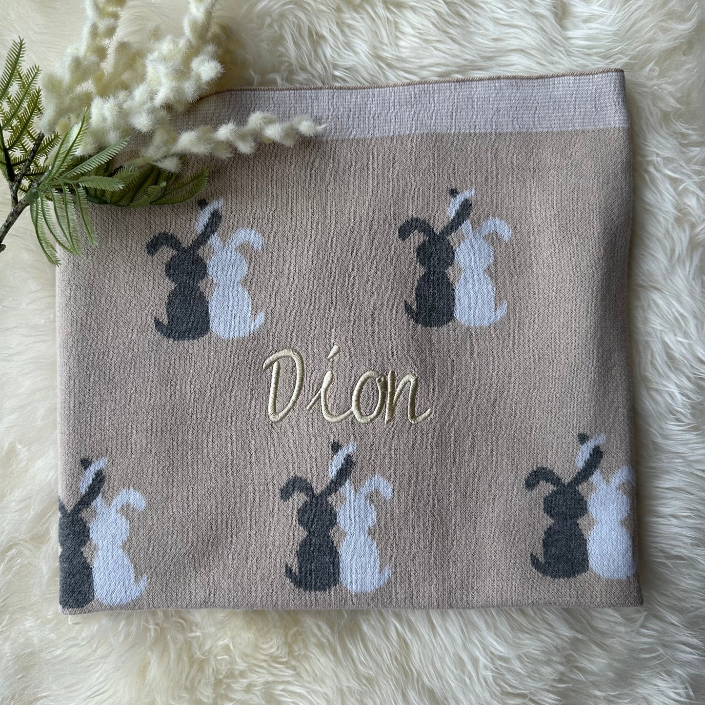 Custom Name Embroidered Baby Bunny Blanket Camel 100% Cotton