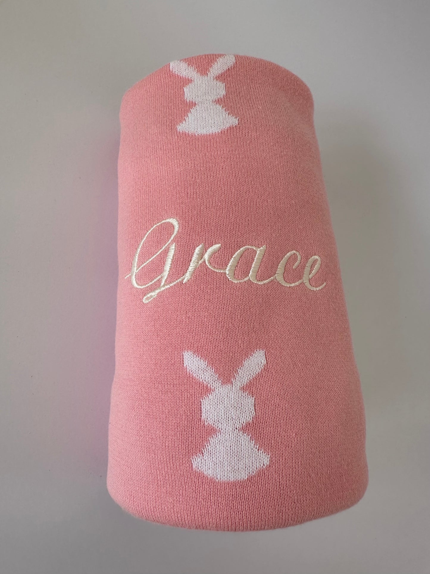 Custom Name Embroidered Baby Bunny Blanket Pink 100% Cotton