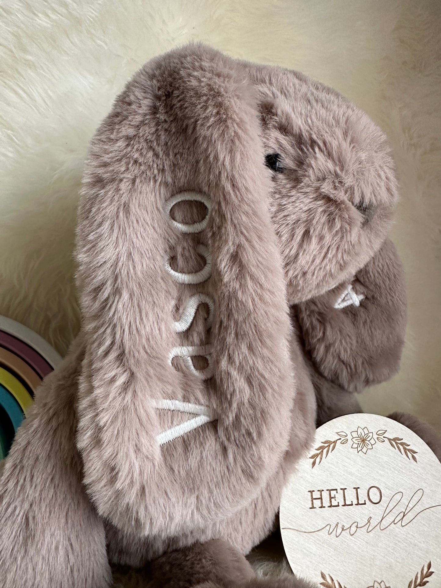 Embroidered Personalised Name Bunny Medium Taupe