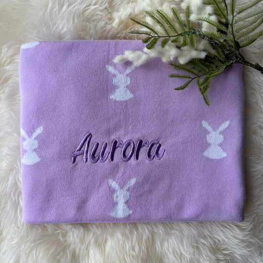 Custom Name Embroidered Baby Bunny Blanket Lilac 100% Cotton