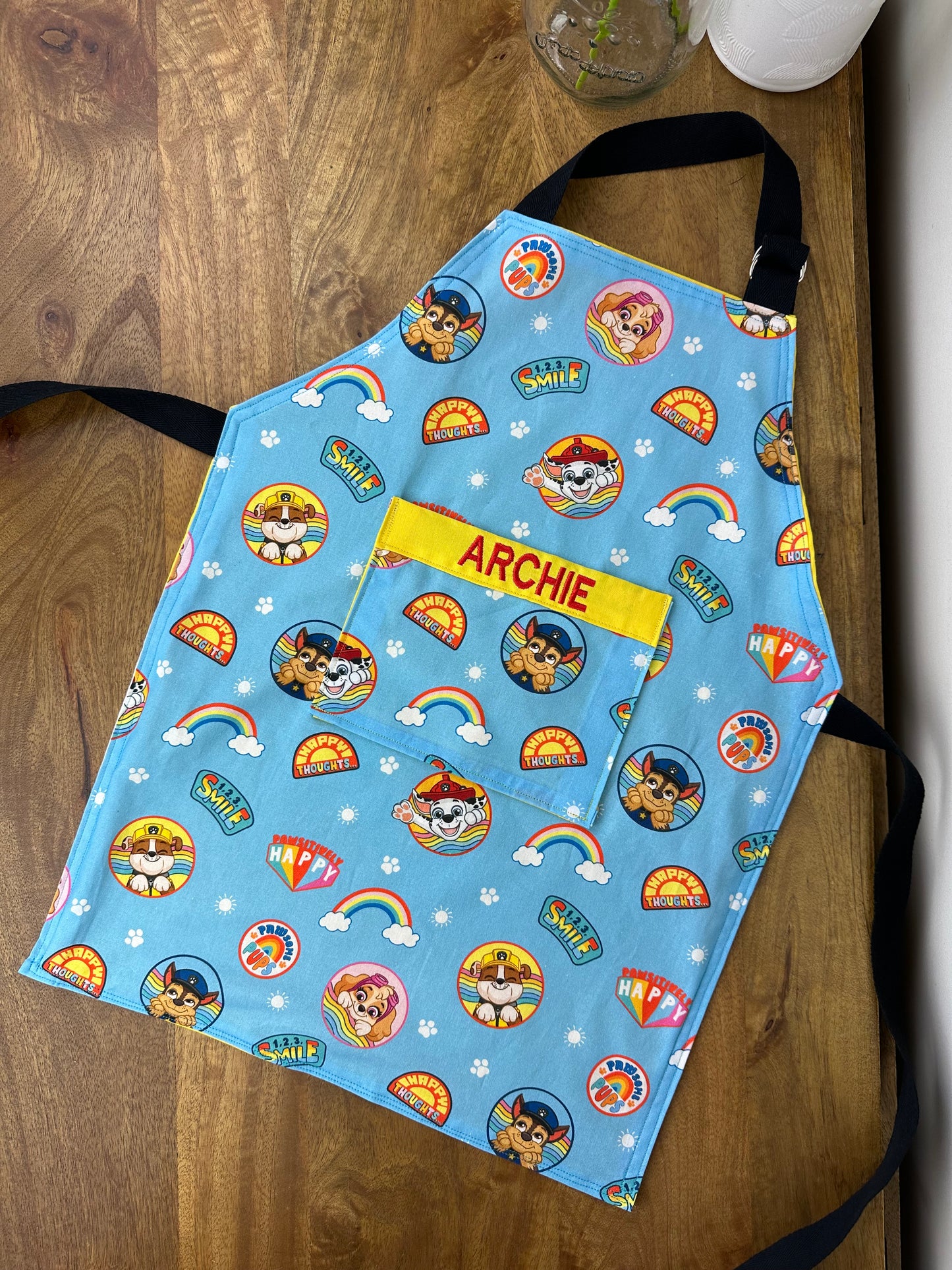 Paw Patrol Kids Apron with Embroidered Personalised Name on pocket.