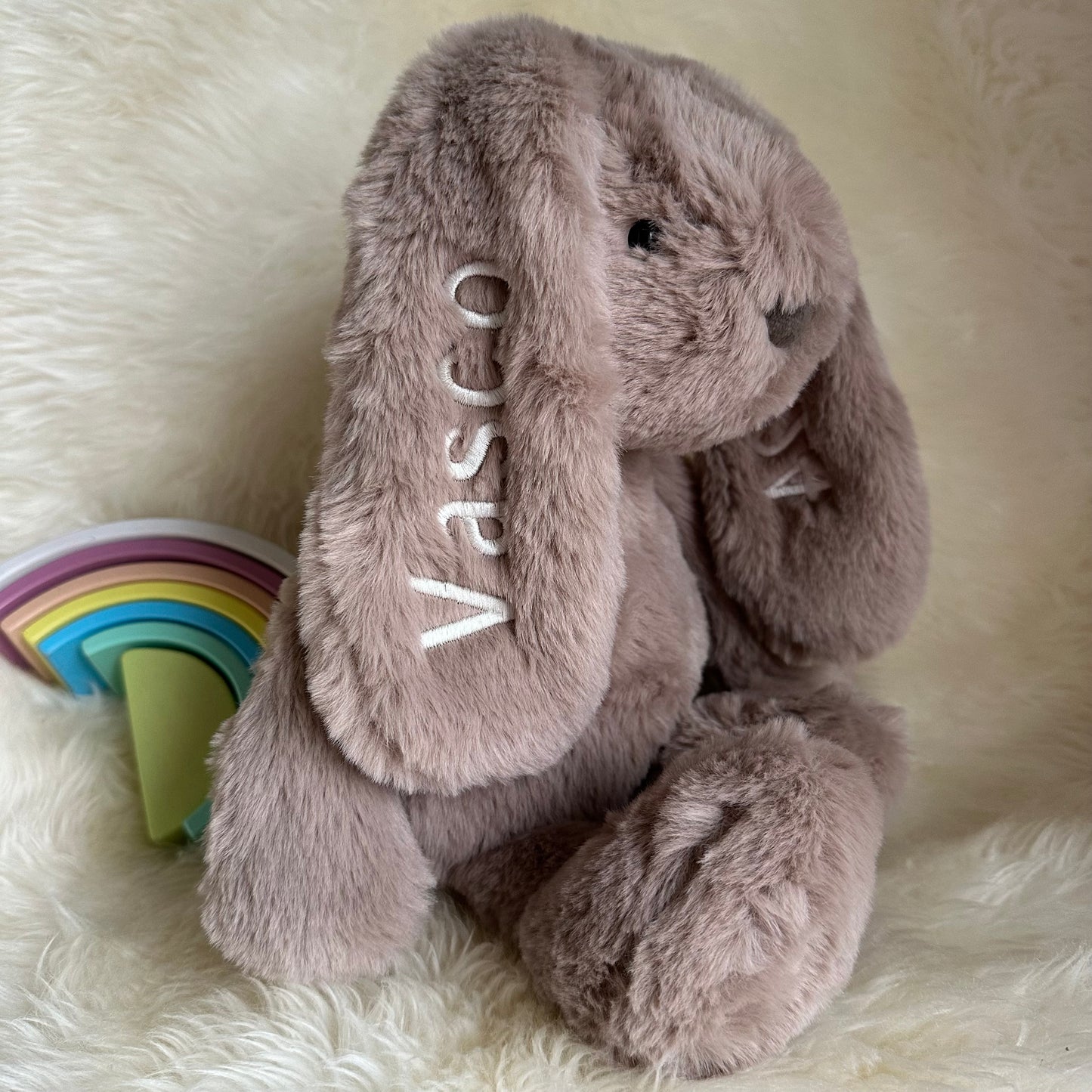 Embroidered Personalised Name Bunny Medium Taupe