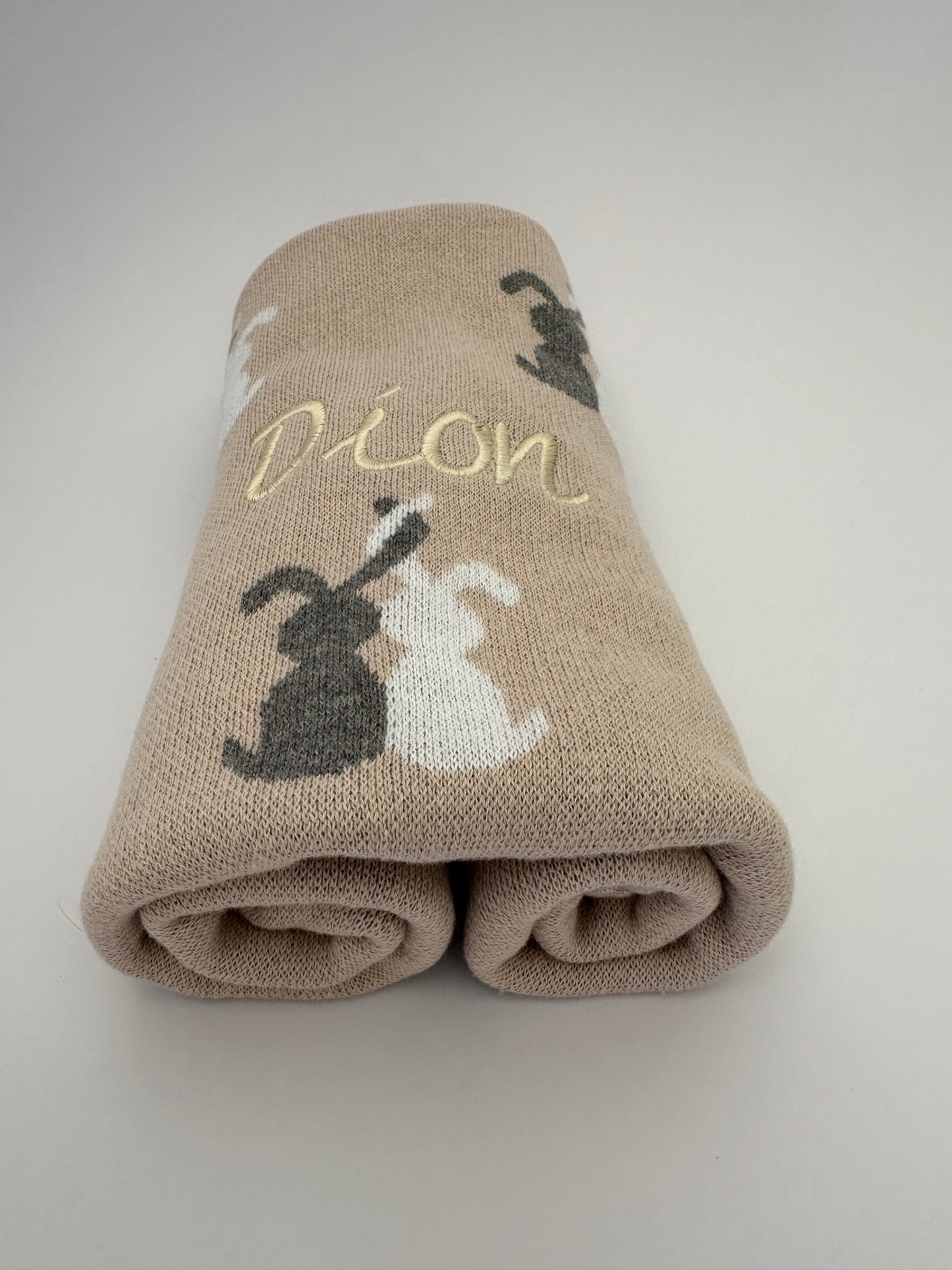 Custom Name Embroidered Baby Bunny Blanket Camel 100% Cotton