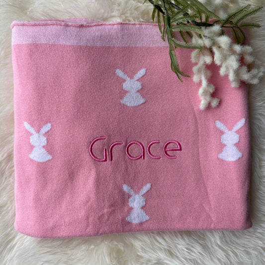 Custom Name Embroidered Baby Bunny Blanket Pink 100% Cotton