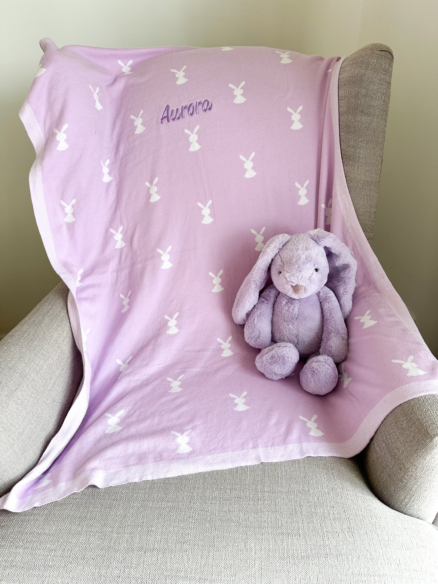 Custom Name Embroidered Baby Bunny Blanket Lilac 100% Cotton