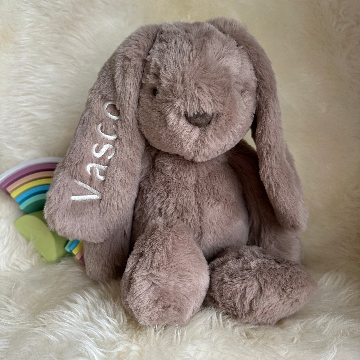 Embroidered Personalised Name Bunny Medium Taupe