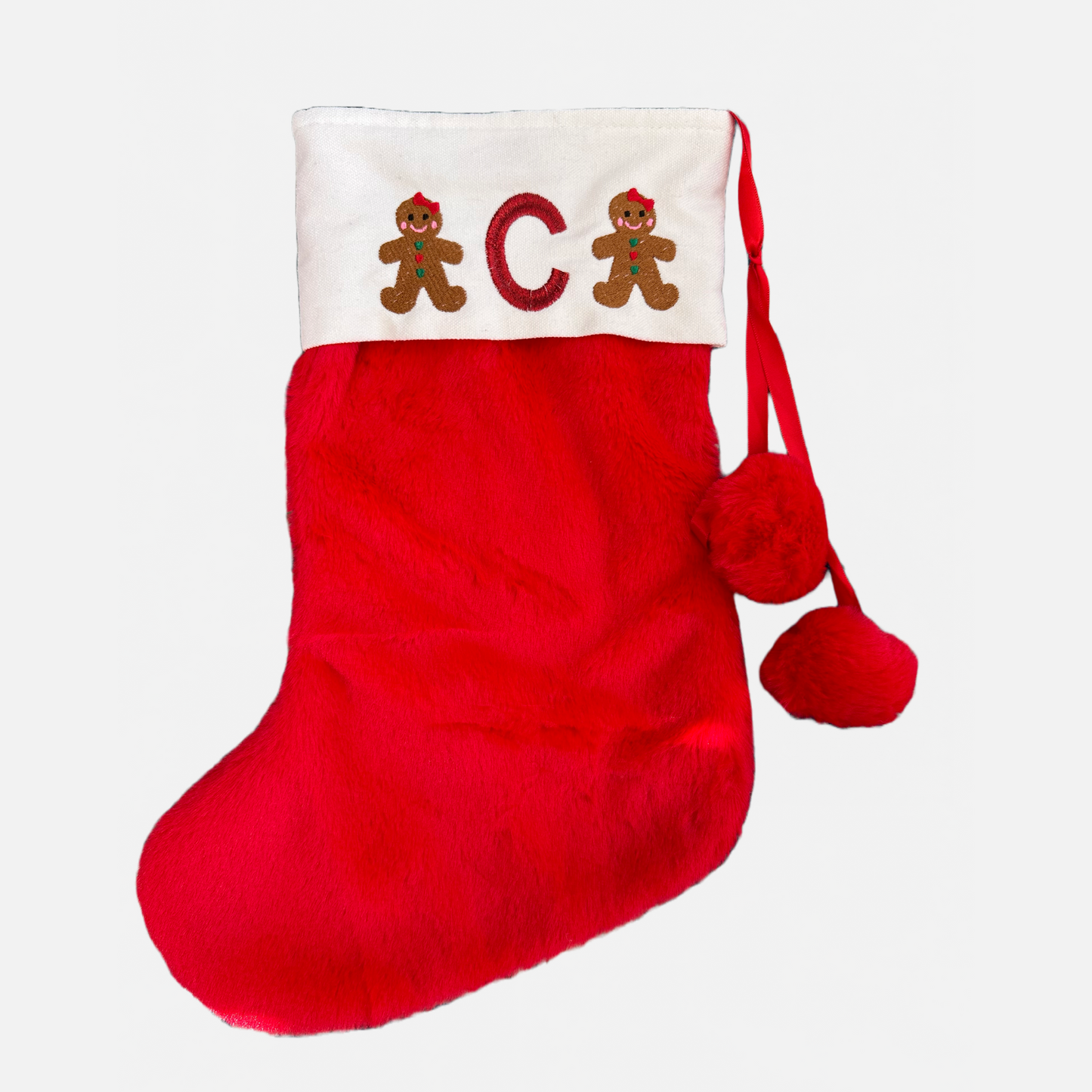 Personalised initial Christmas Pom Pom Red Faux Fur Stocking