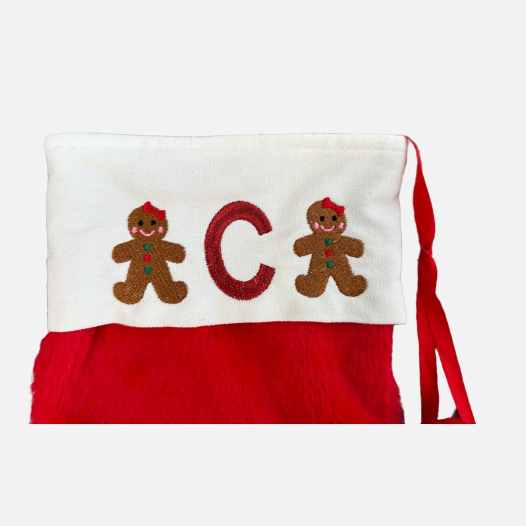 Personalised initial Christmas Pom Pom Red Faux Fur Stocking