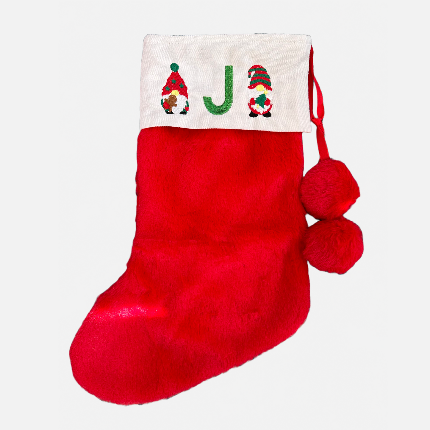 Personalised initial Christmas Pom Pom Red Faux Fur Stocking