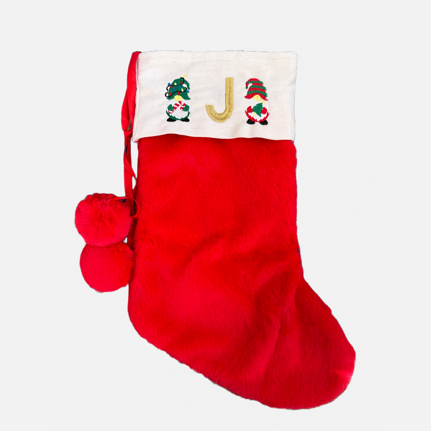 Personalised initial Christmas Pom Pom Red Faux Fur Stocking