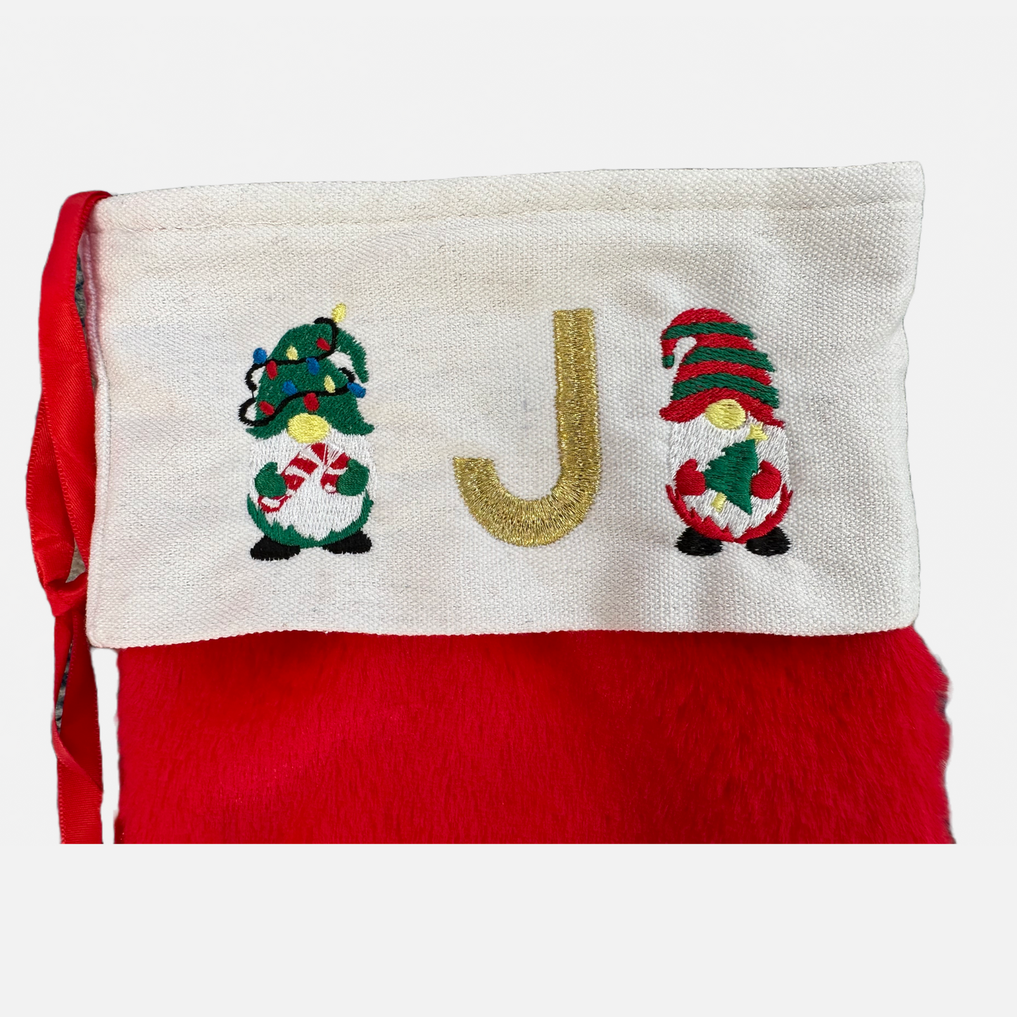 Personalised initial Christmas Pom Pom Red Faux Fur Stocking